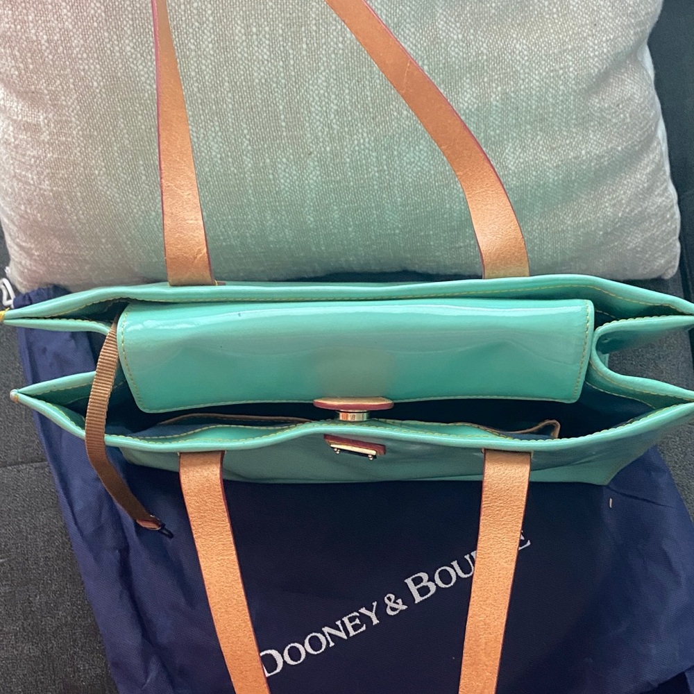 Dooney & Bourke Aqua Patent Leather Tote with Tan Straps - Picture 5 of 13